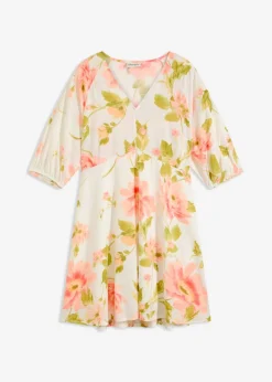 bonprix bonprix Vestido tipo túnica estampado de viscosa fluida blanco-melocotón-salmón claro con flores New