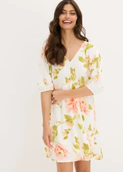 bonprix bonprix Vestido tipo túnica estampado de viscosa fluida blanco-melocotón-salmón claro con flores New