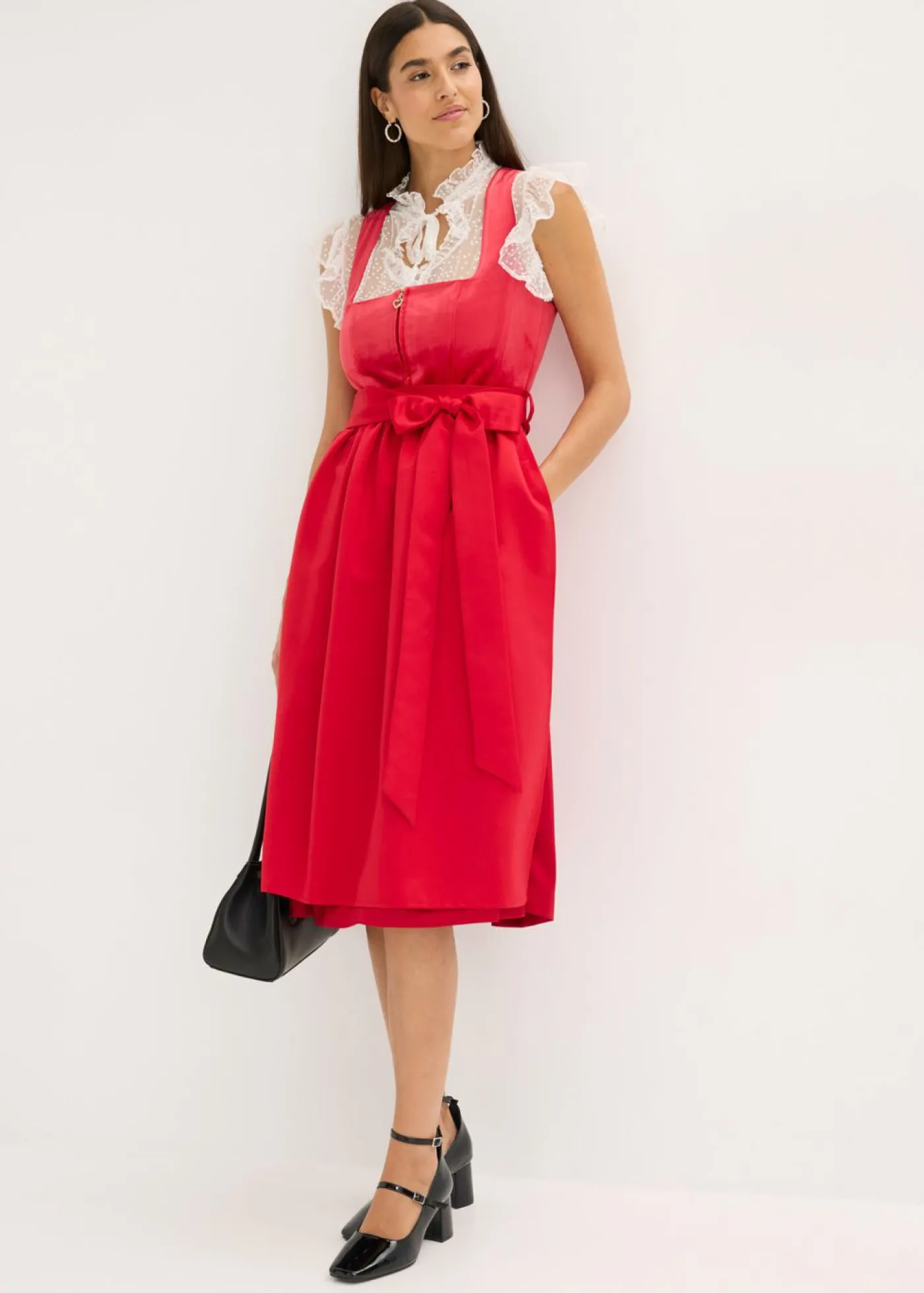 bonprix bonprix Vestido tirolés con terciopelo y largo midi (2 piezas) Rojo Discount