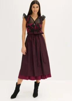 bonprix bonprix Vestido tirolés con terciopelo y largo midi (2 piezas) Rojo New