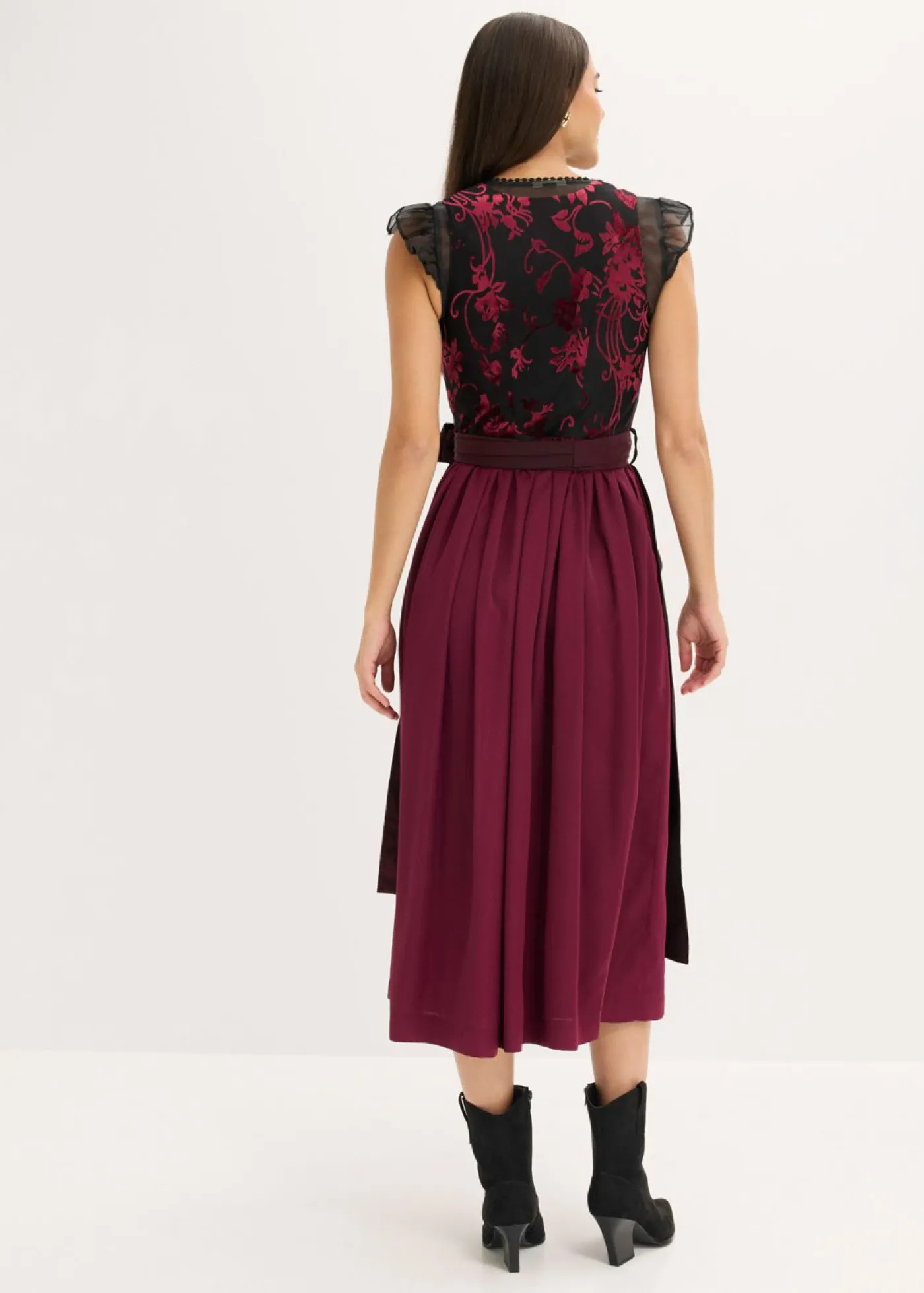 bonprix bonprix Vestido tirolés con terciopelo y largo midi (2 piezas) Rojo New