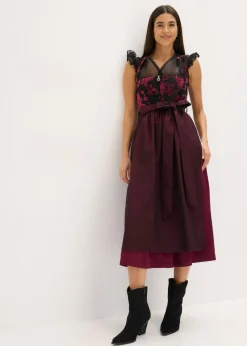 bonprix bonprix Vestido tirolés con terciopelo y largo midi (2 piezas) Rojo New