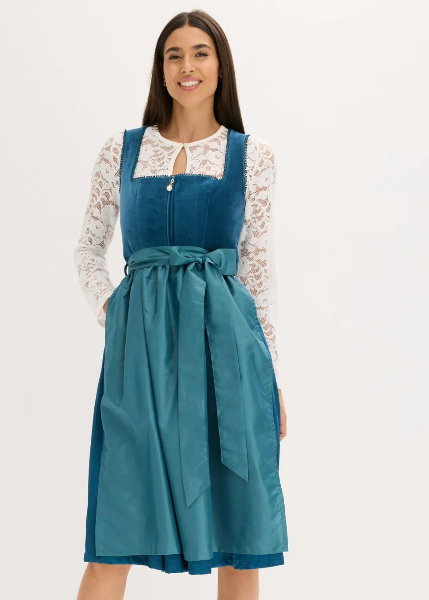 bonprix bonprix Vestido tirolés con terciopelo y largo midi (2 piezas) Azul océano Outlet