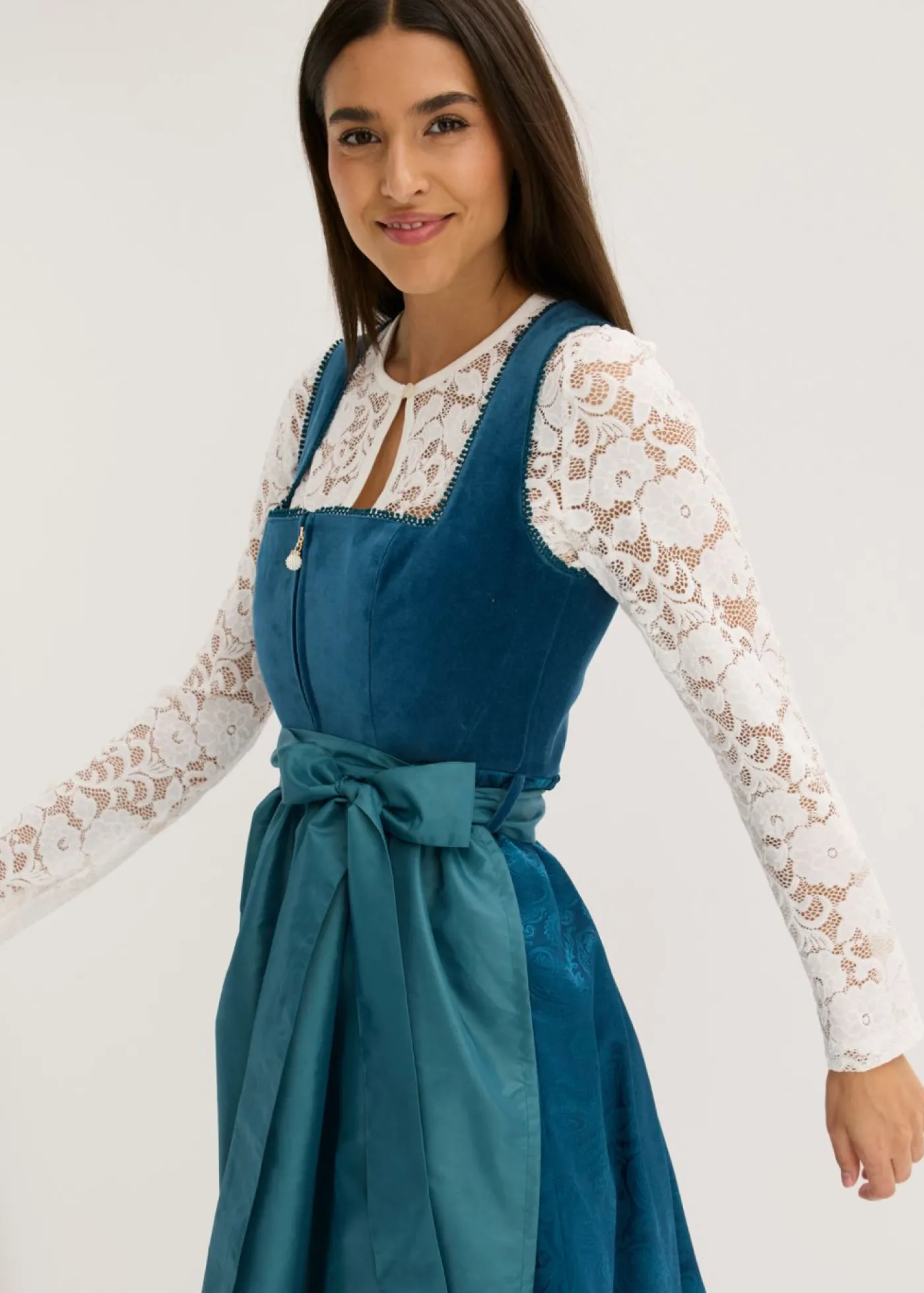 bonprix bonprix Vestido tirolés con terciopelo y largo midi (2 piezas) Azul océano Outlet