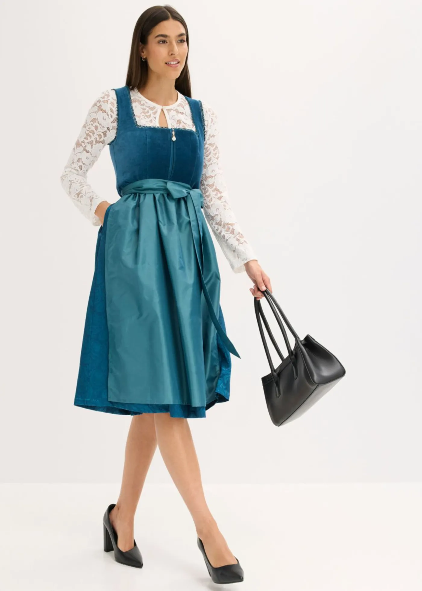 bonprix bonprix Vestido tirolés con terciopelo y largo midi (2 piezas) Azul océano Outlet