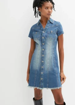 bonprix bonprix Vestido vaquero con botones y dobladillo abierto Azul vaquero Outlet